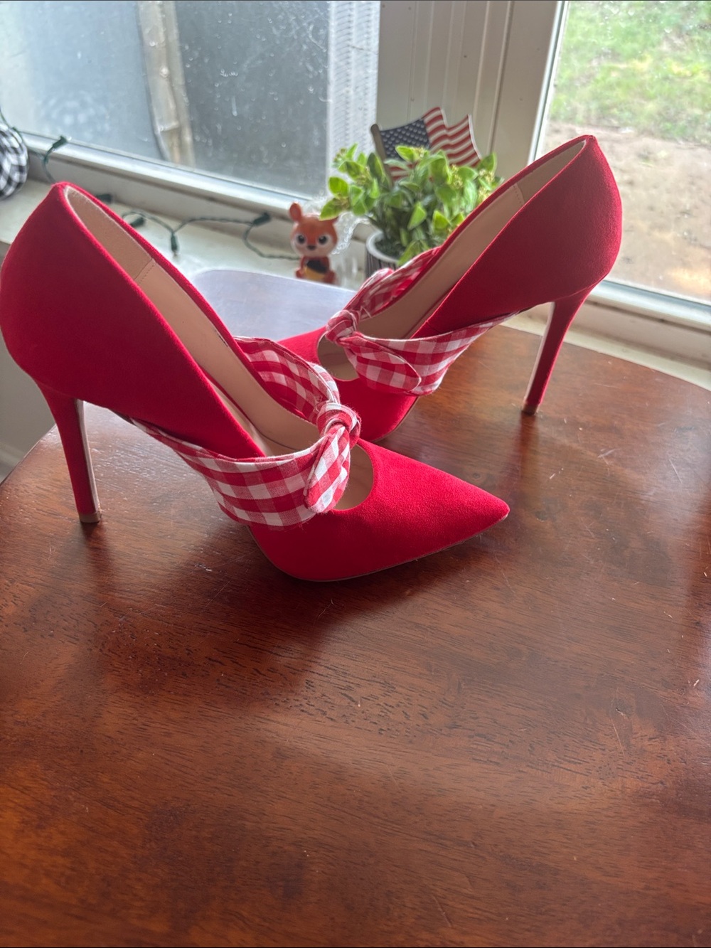 Qupid Red Pointed Toe Pumps with Gingham Bow Accent